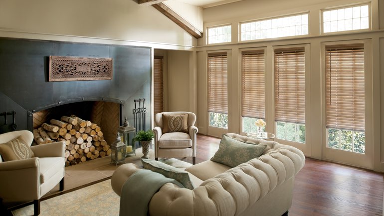 Destin fireplace with blinds