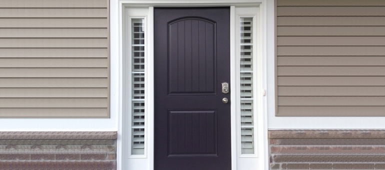 Entry Door Sidelight Shutters In Destin, Florida Sidelight Shutters On Black Door In Destin, Florida